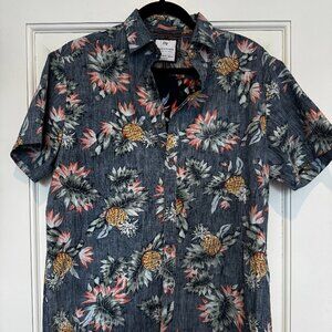 Mens Medium Denim&Flower Pineapple Short Sleeve Button-up